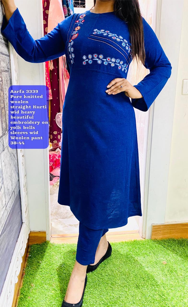 Buy Dark Blue Woolen kurti with Pants Setfor Women Online in India